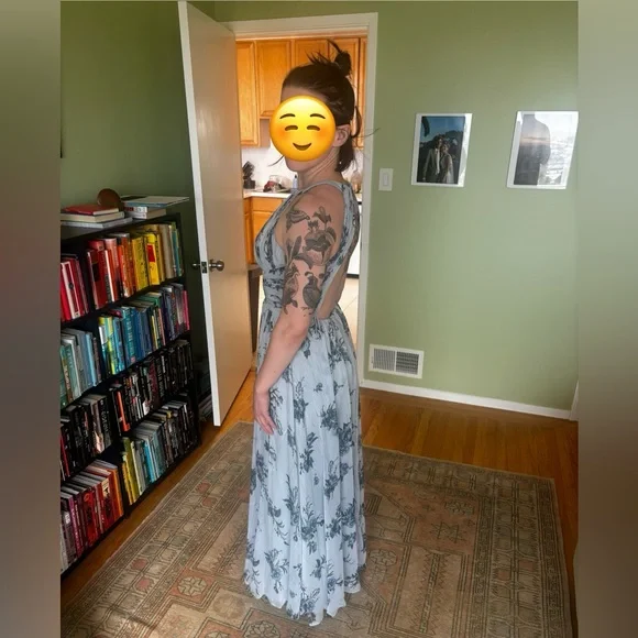 Marchesa Notte • Blue & Silver Floral Maxi Dress with open back • size 6 - Picture 5 of 16